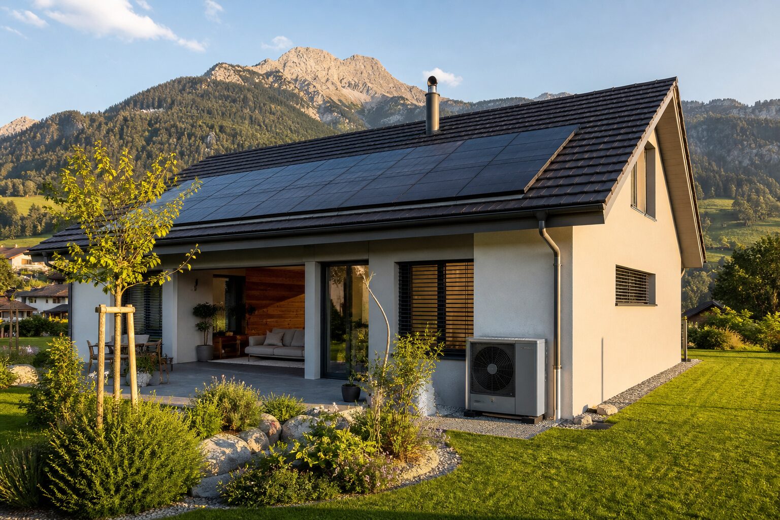 Schweizer Einfamilienhaus mit Wärmepumpe und Solaranlage – energetische Sanierung finanzieren
